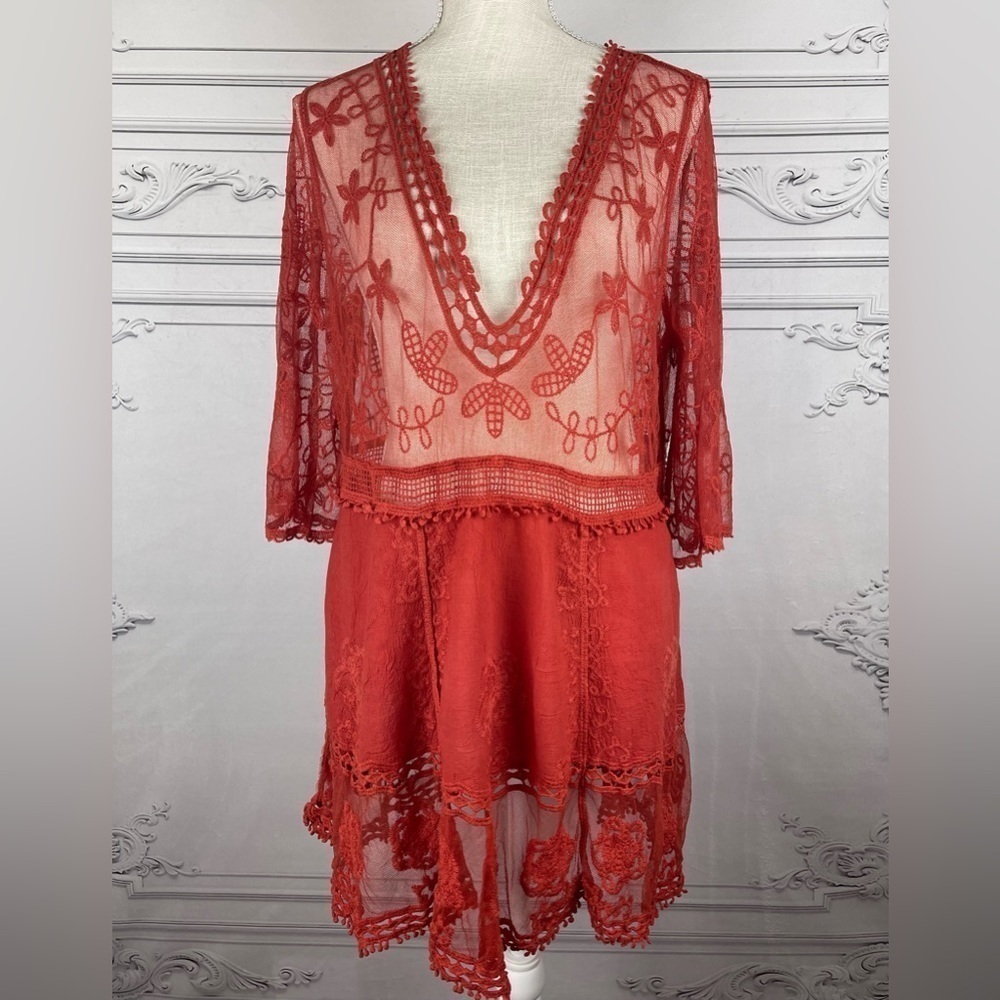 Bohemian Embroidered Floral Lace Sheer Mesh Top Swimsuit Coverup - Picture 6 of 9